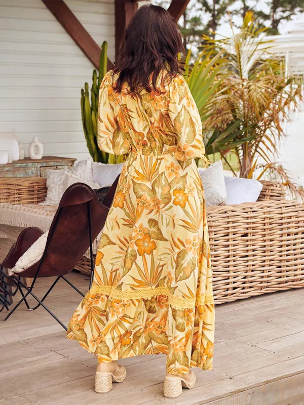 Bohemian Maxi Dress with Floral Print and Geometric Patterns