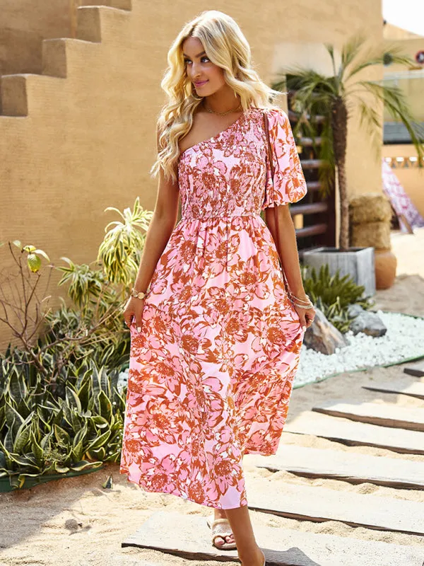 Bohemian Maxi Dress with Floral Print and Smocked Bodice