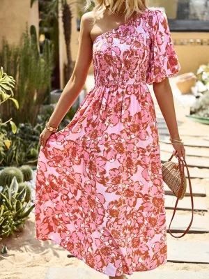 Bohemian Maxi Dress with Floral Print and Smocked Bodice