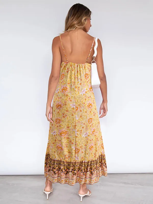 Bohemian Maxi Dress with Floral Print and Tiered Hem