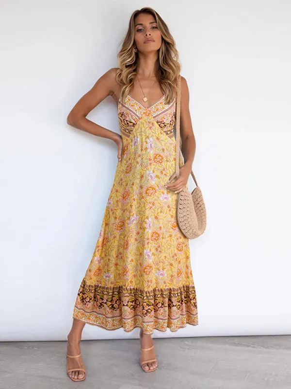 Bohemian Maxi Dress with Floral Print and Tiered Hem