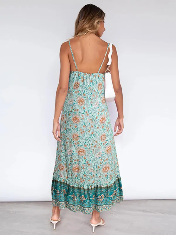 Bohemian Maxi Dress with Floral Print and Tiered Hem