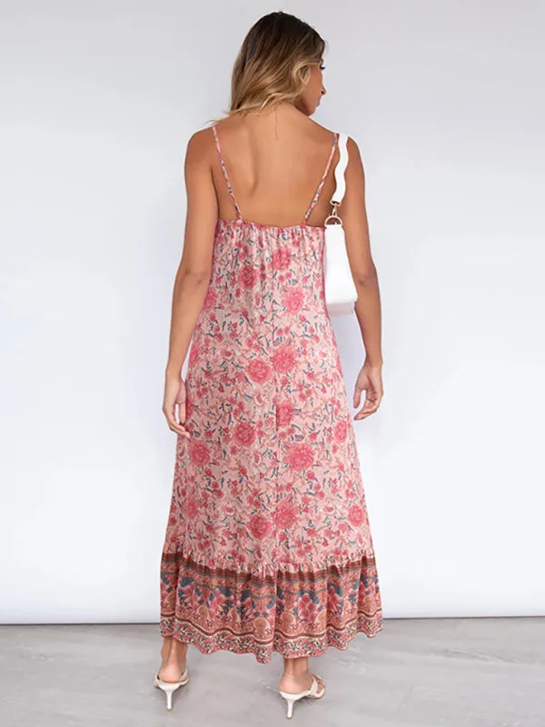 Bohemian Maxi Dress with Floral Print and Tiered Hem