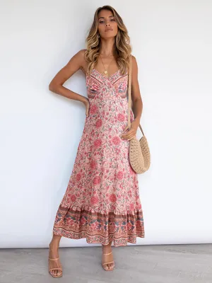 Bohemian Maxi Dress with Floral Print and Tiered Hem