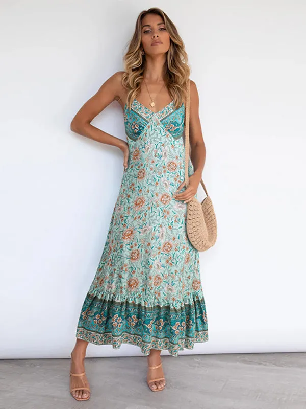 Bohemian Maxi Dress with Floral Print and Tiered Hem