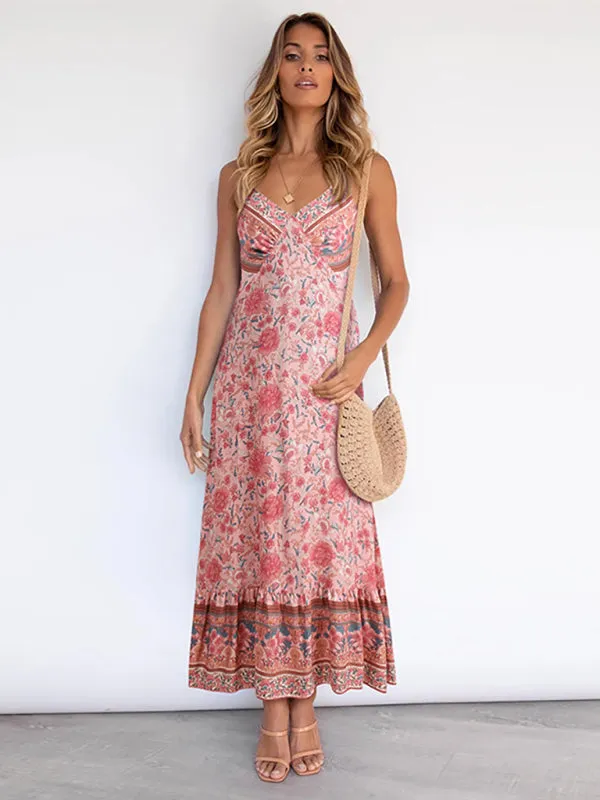 Bohemian Maxi Dress with Floral Print and Tiered Hem