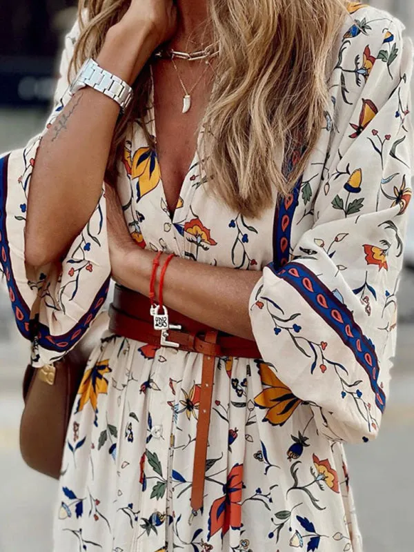 Bohemian Maxi Dress with Floral Print and V-Neck