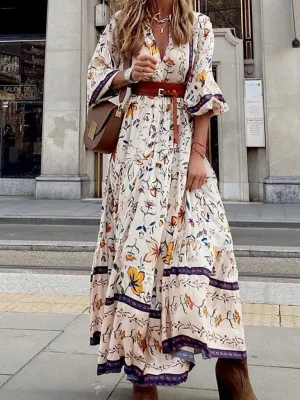 Bohemian Maxi Dress with Floral Print and V-Neck