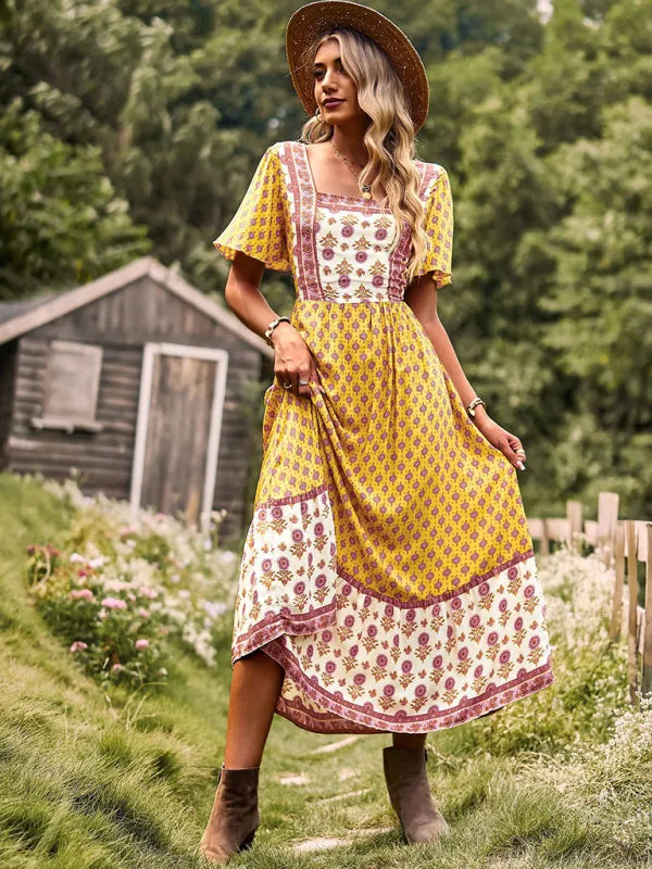 Bohemian Midi Dress with Floral Print and Square Neckline