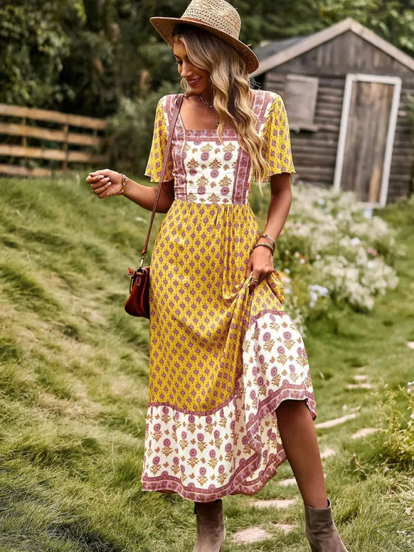 Bohemian Midi Dress with Floral Print and Square Neckline