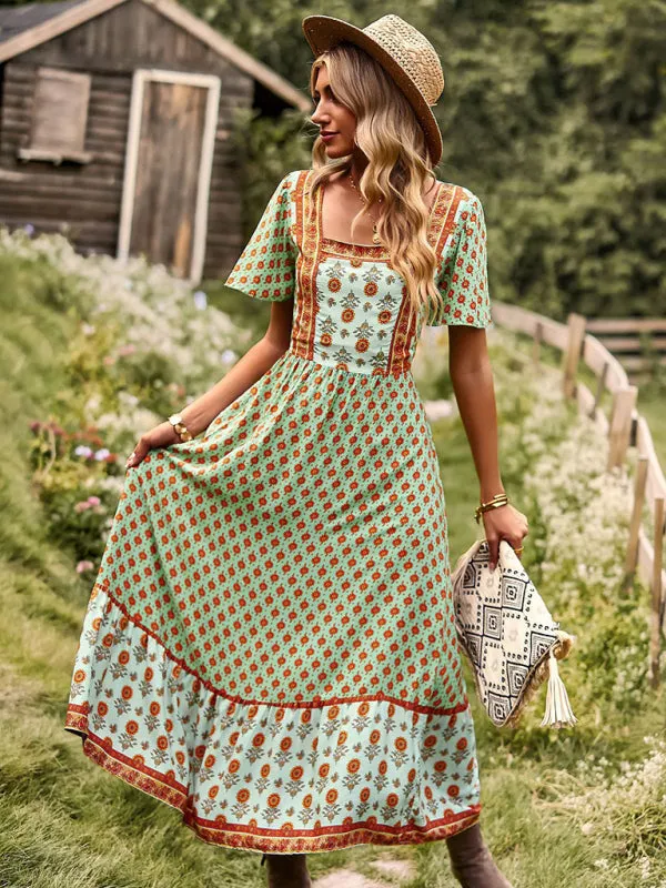 Bohemian Midi Dress with Floral Print and Square Neckline
