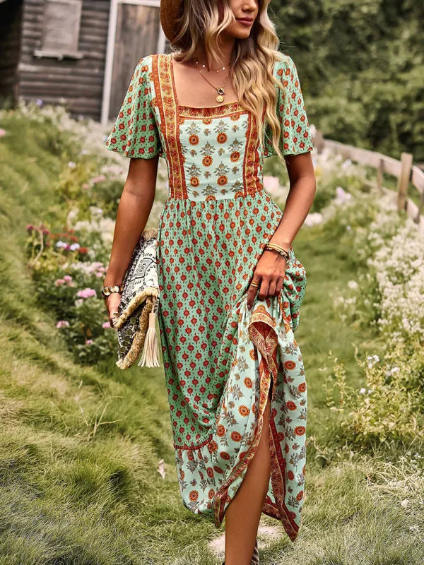 Bohemian Midi Dress with Floral Print and Square Neckline