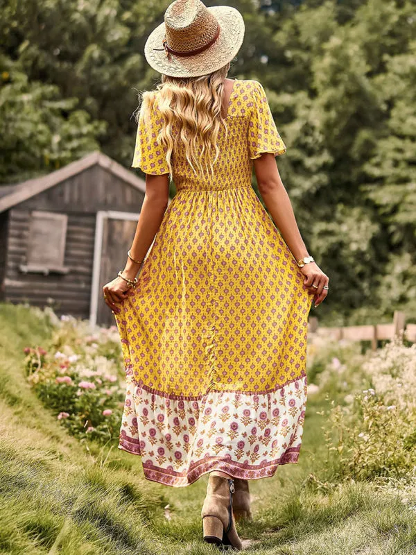 Bohemian Midi Dress with Floral Print and Square Neckline