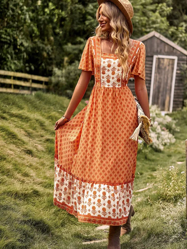 Bohemian Midi Dress with Floral Print and Square Neckline