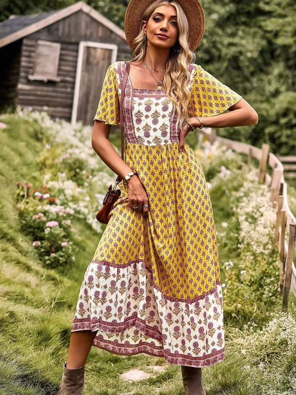 Bohemian Midi Dress with Floral Print and Square Neckline