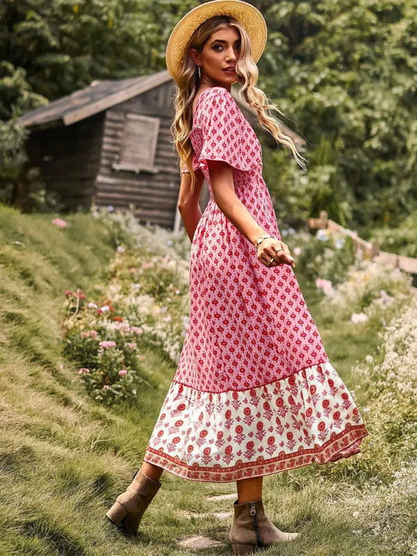 Bohemian Midi Dress with Floral Print and Square Neckline