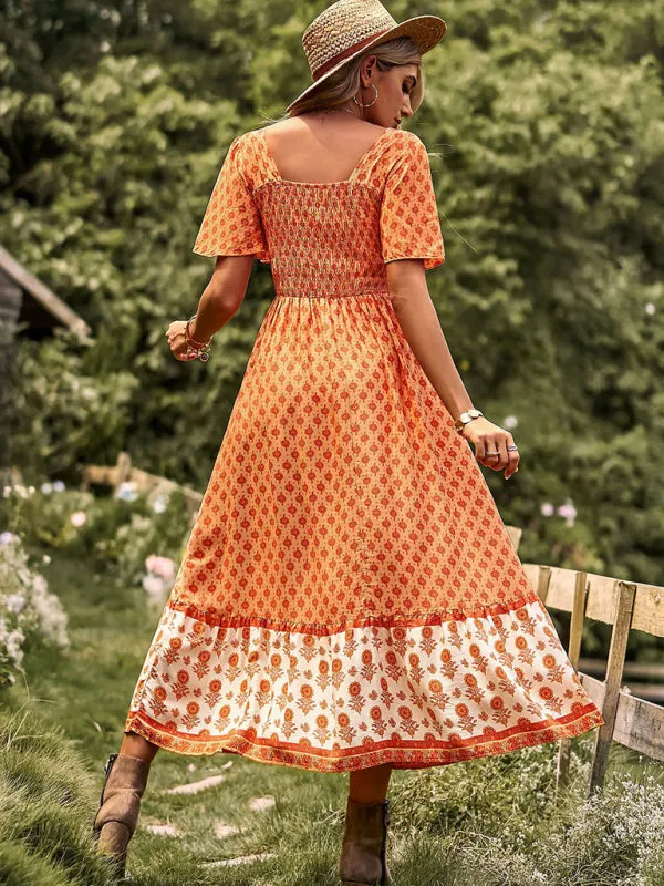 Bohemian Midi Dress with Floral Print and Square Neckline