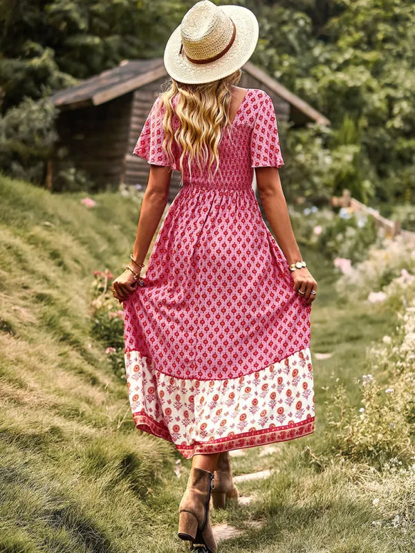 Bohemian Midi Dress with Floral Print and Square Neckline