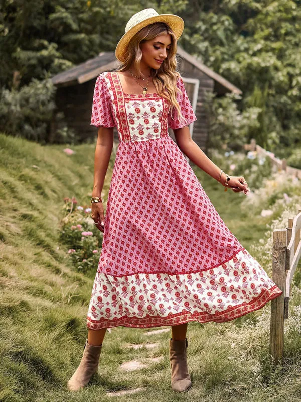 Bohemian Midi Dress with Floral Print and Square Neckline