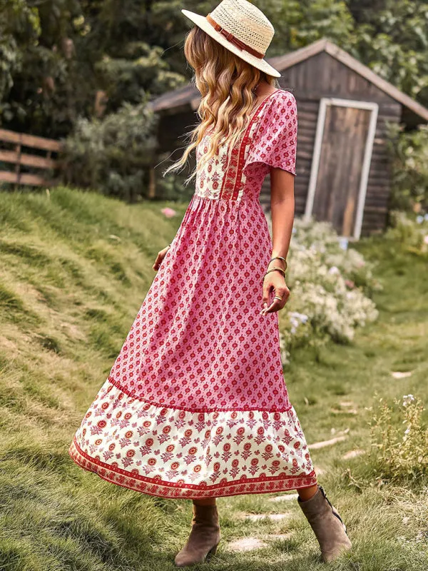 Bohemian Midi Dress with Floral Print and Square Neckline