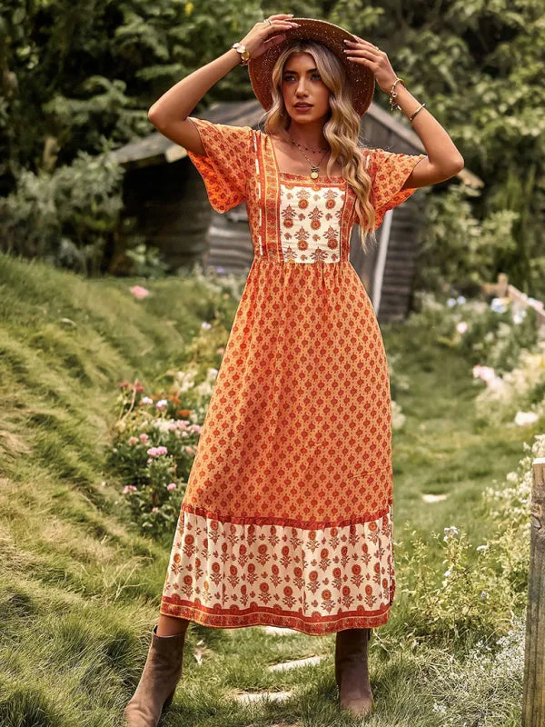 Bohemian Midi Dress with Floral Print and Square Neckline