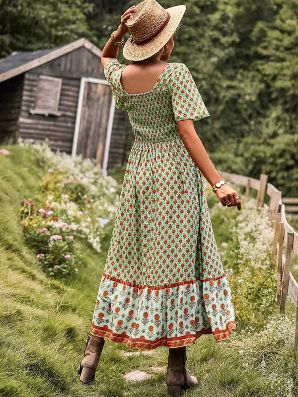 Bohemian Midi Dress with Floral Print and Square Neckline