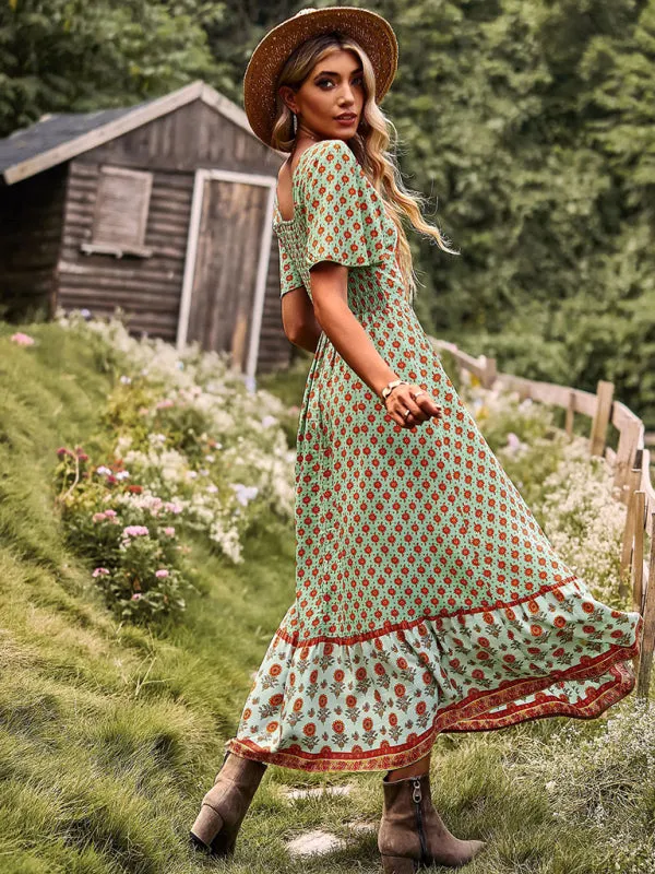 Bohemian Midi Dress with Floral Print and Square Neckline