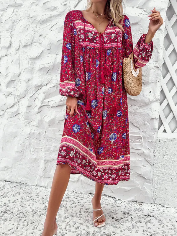 Bohemian Midi Dress with Floral Print and Tassel Tie-Front