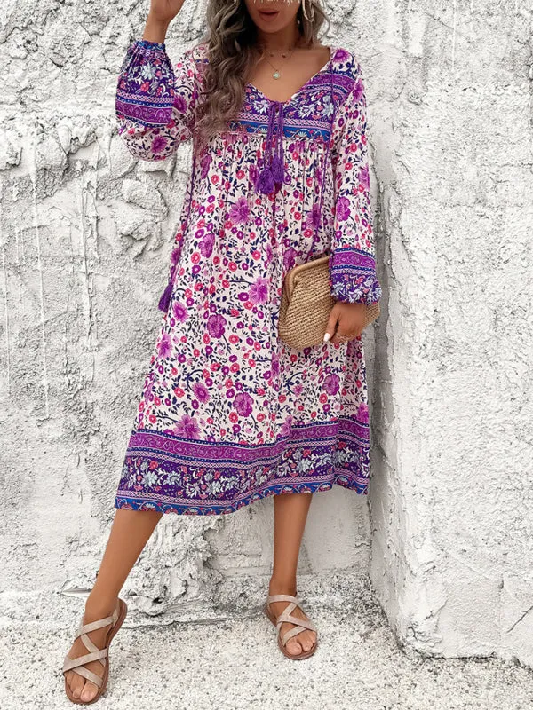 Bohemian Midi Dress with Floral Print and Tassel Tie-Front