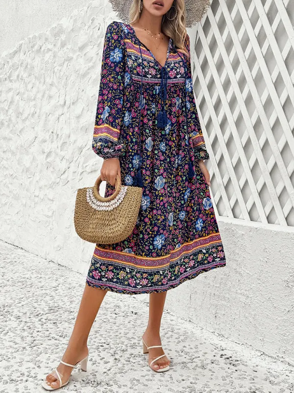 Bohemian Midi Dress with Floral Print and Tassel Tie-Front