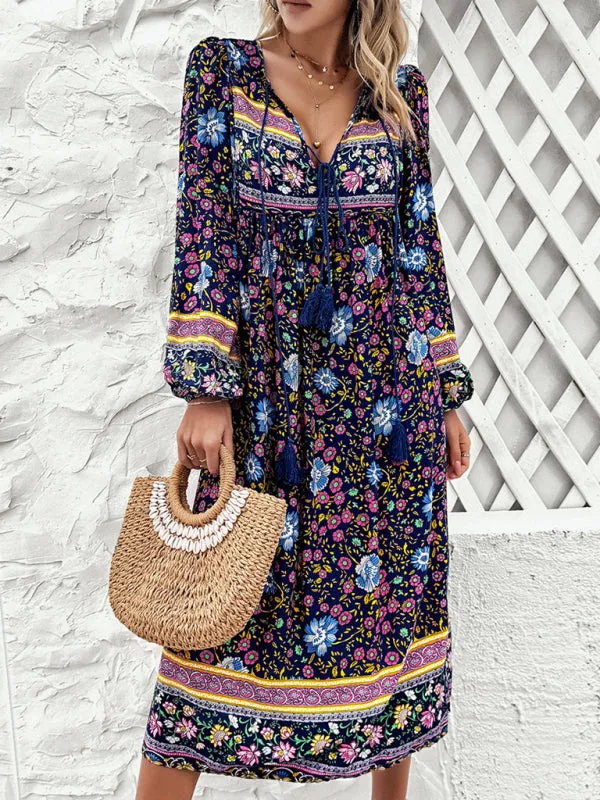 Bohemian Midi Dress with Floral Print and Tassel Tie-Front