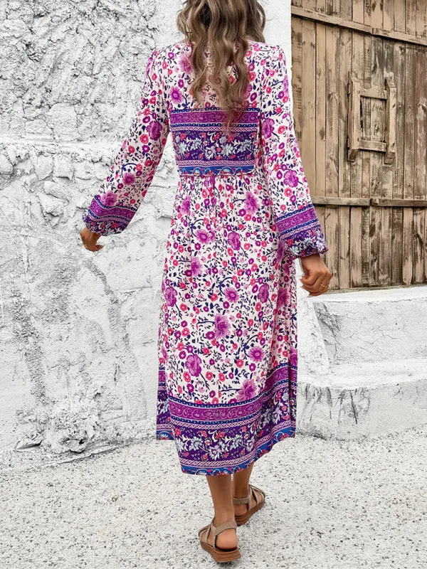 Bohemian Midi Dress with Floral Print and Tassel Tie-Front