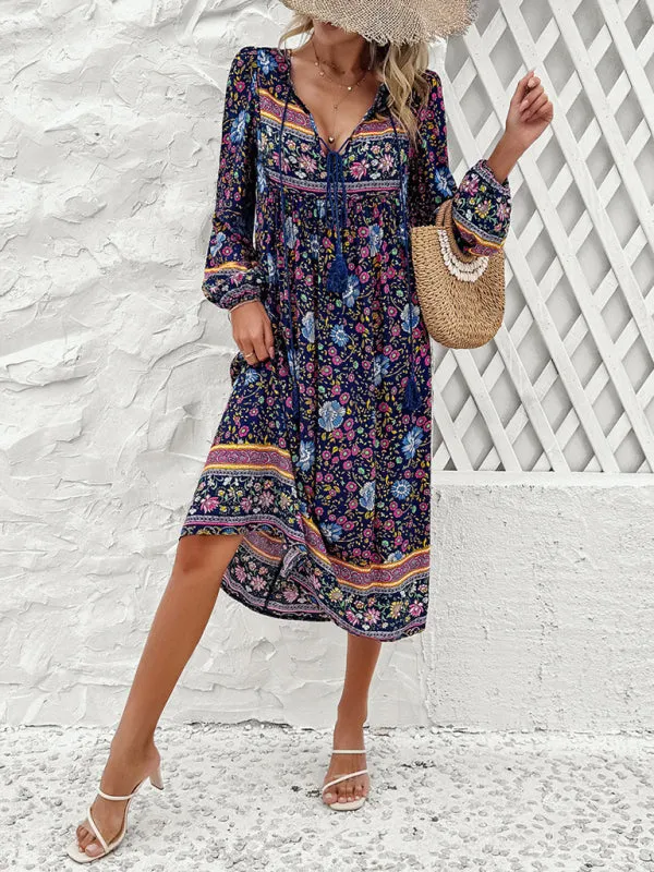 Bohemian Midi Dress with Floral Print and Tassel Tie-Front