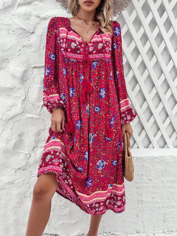 Bohemian Midi Dress with Floral Print and Tassel Tie-Front