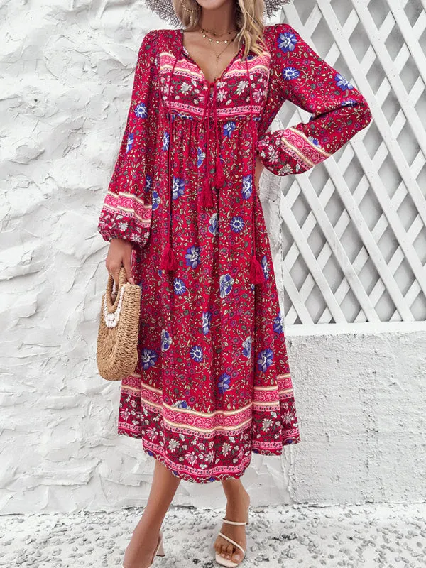 Bohemian Midi Dress with Floral Print and Tassel Tie-Front