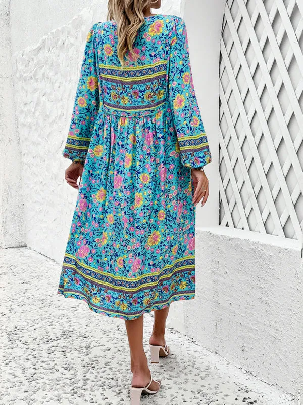 Bohemian Midi Dress with Floral Print and Tassel Tie-Front