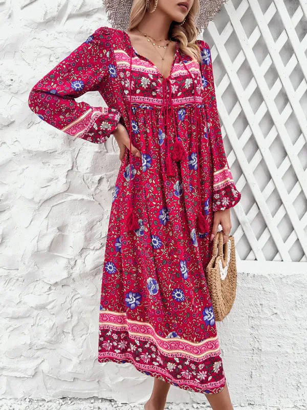 Bohemian Midi Dress with Floral Print and Tassel Tie-Front