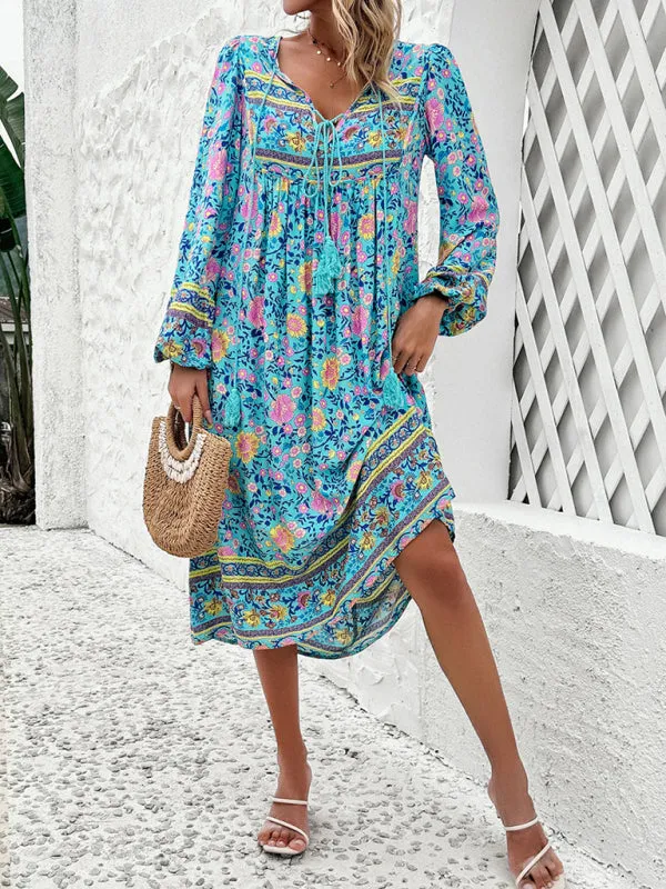 Bohemian Midi Dress with Floral Print and Tassel Tie-Front