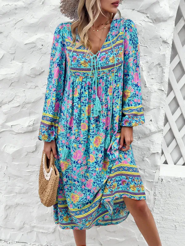 Bohemian Midi Dress with Floral Print and Tassel Tie-Front