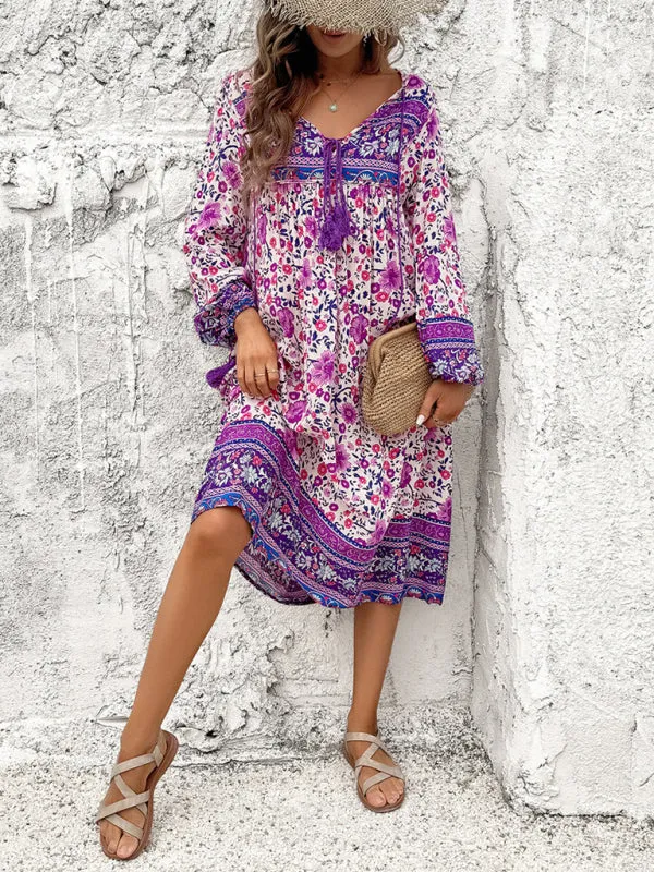 Bohemian Midi Dress with Floral Print and Tassel Tie-Front