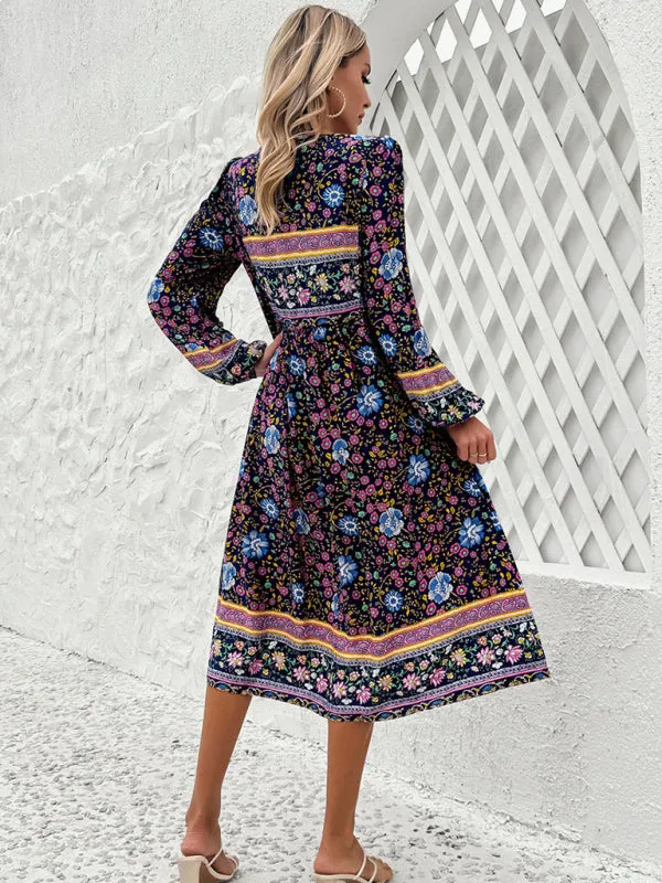 Bohemian Midi Dress with Floral Print and Tassel Tie-Front
