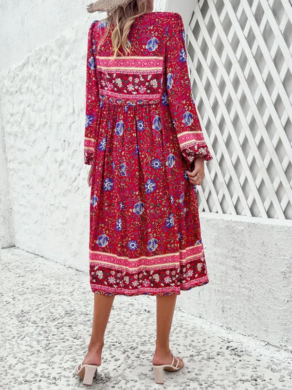 Bohemian Midi Dress with Floral Print and Tassel Tie-Front