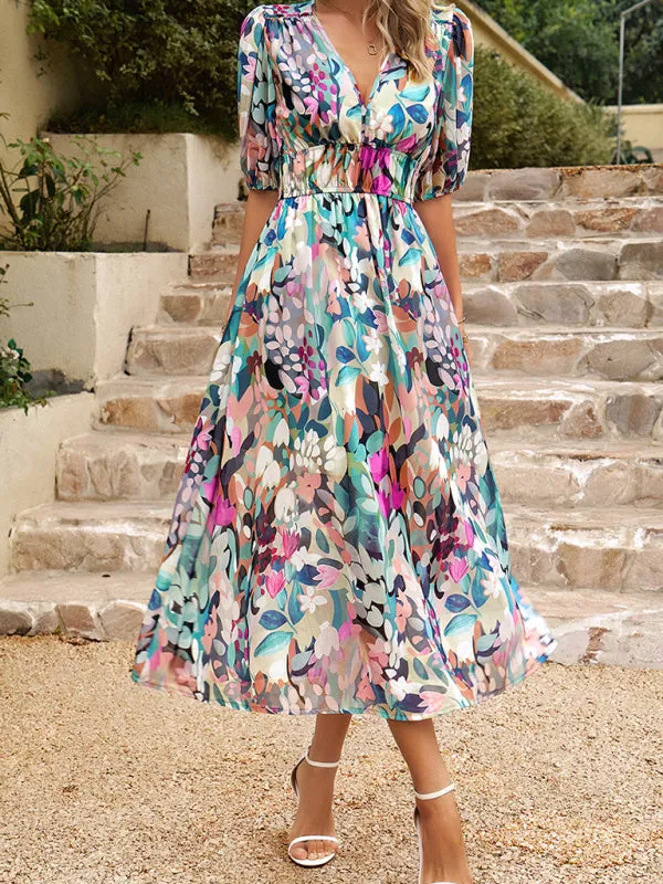 Bohemian Midi Dress with V-Neck and Puff Sleeves
