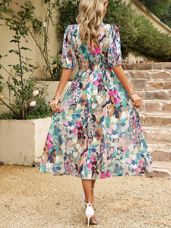 Bohemian Midi Dress with V-Neck and Puff Sleeves