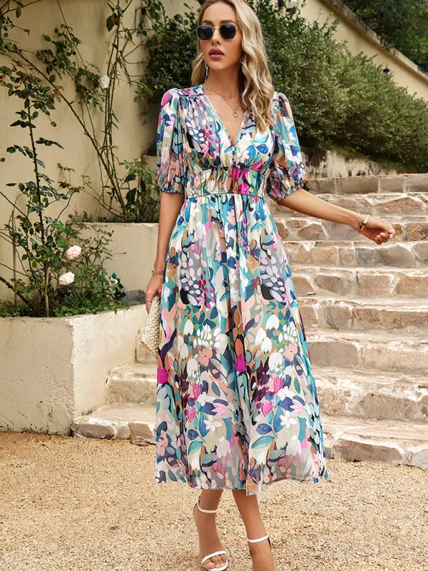 Bohemian Midi Dress with V-Neck and Puff Sleeves