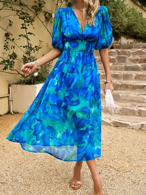 Bohemian Midi Dress with V-Neck and Puff Sleeves
