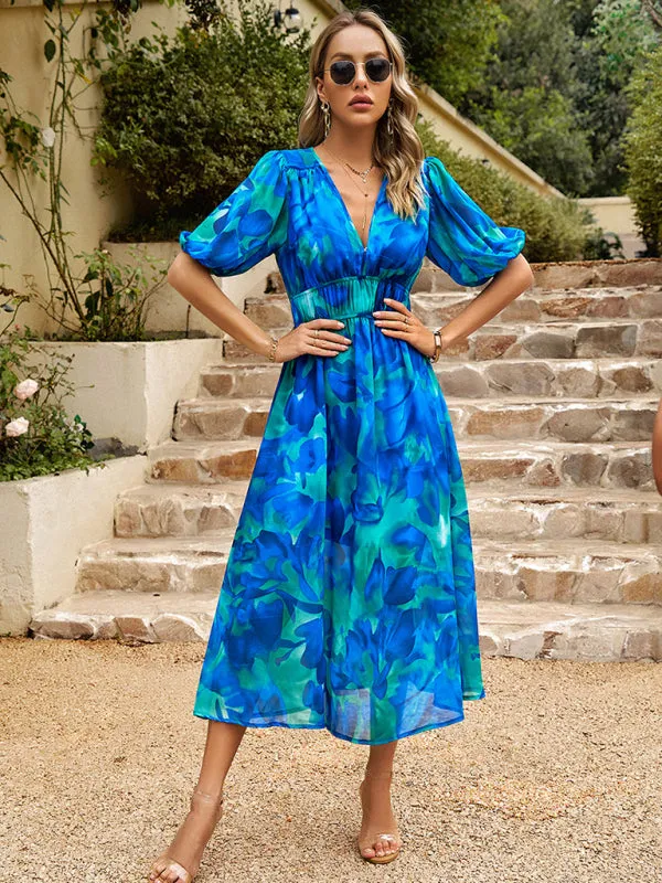 Bohemian Midi Dress with V-Neck and Puff Sleeves