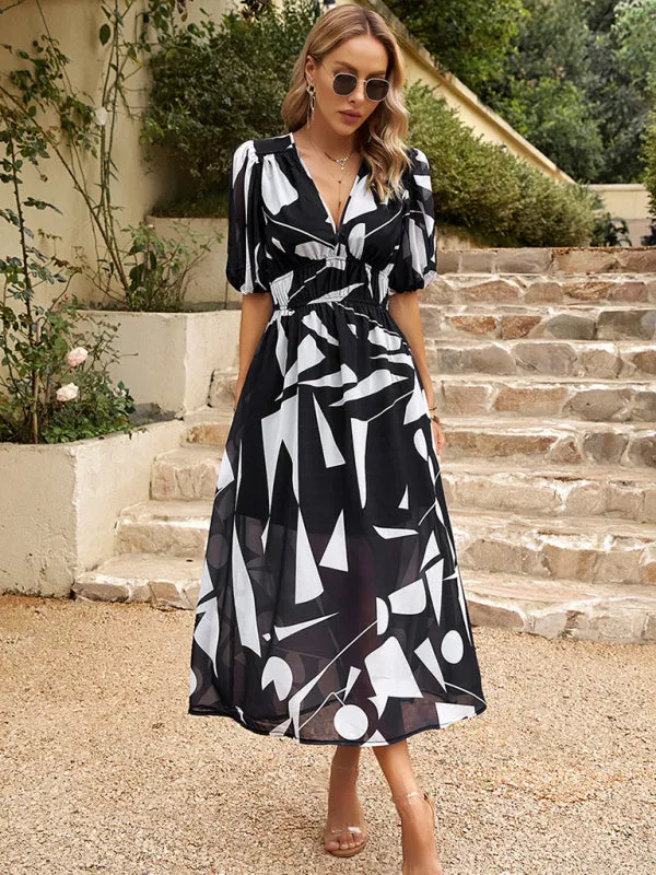 Bohemian Midi Dress with V-Neck and Puff Sleeves
