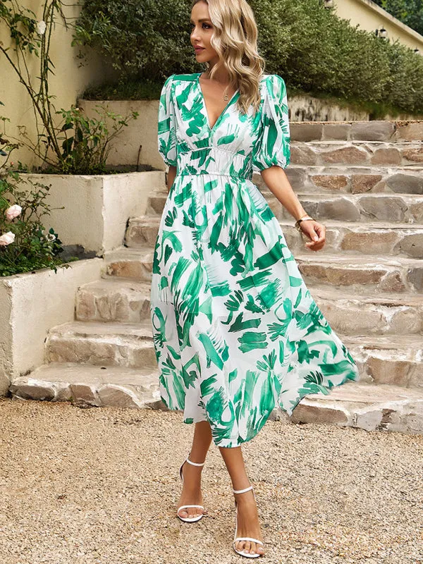 Bohemian Midi Dress with V-Neck and Puff Sleeves