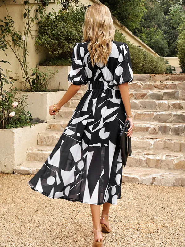 Bohemian Midi Dress with V-Neck and Puff Sleeves